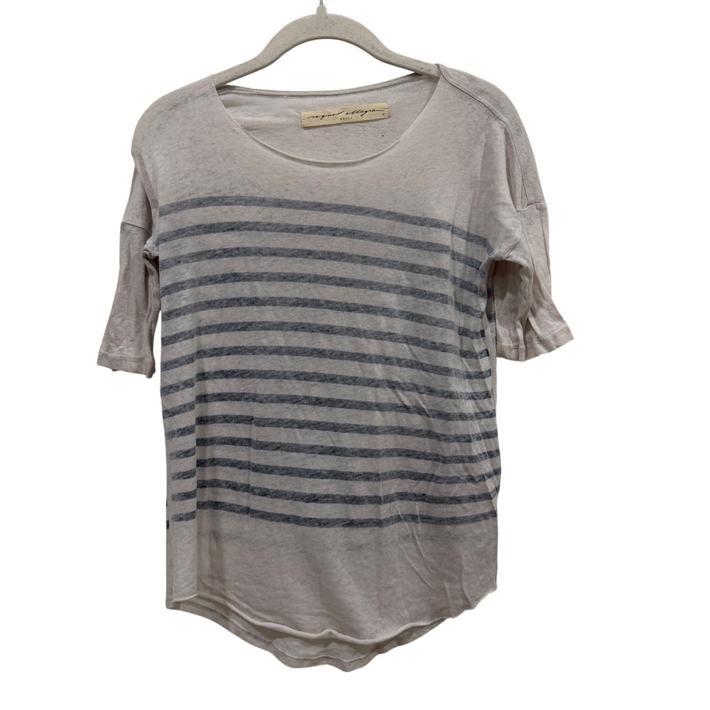 Raquel Allegra Basic Striped Linen Blend Tee Cream Grey Size 0 Small
